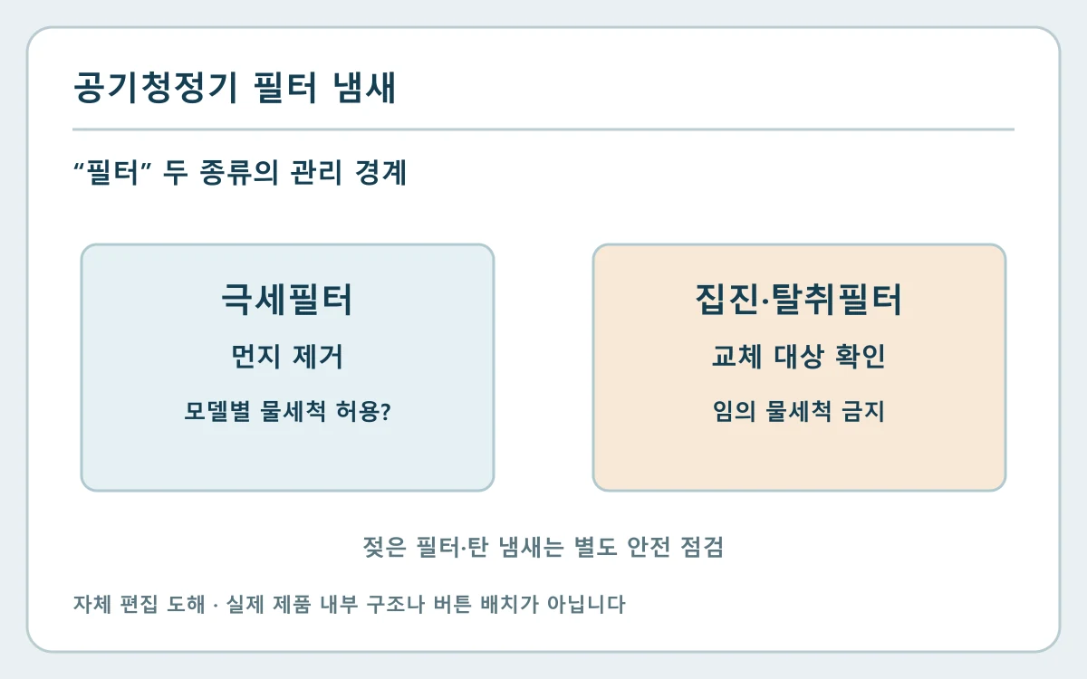 공기청정기 냄새 필터에서 날 때|세척 가능한 부품과 교체 부품 구분의 확인 부위와 분기를 보여 주는 자체 편집 도해