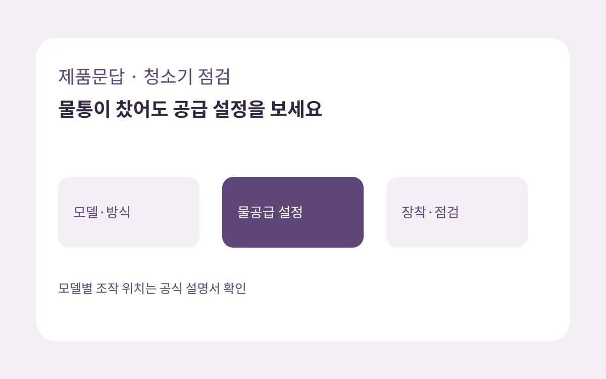 모델·방식·물공급 설정·장착·점검을 보여 주는 자체 제작 청소기 점검 도식
